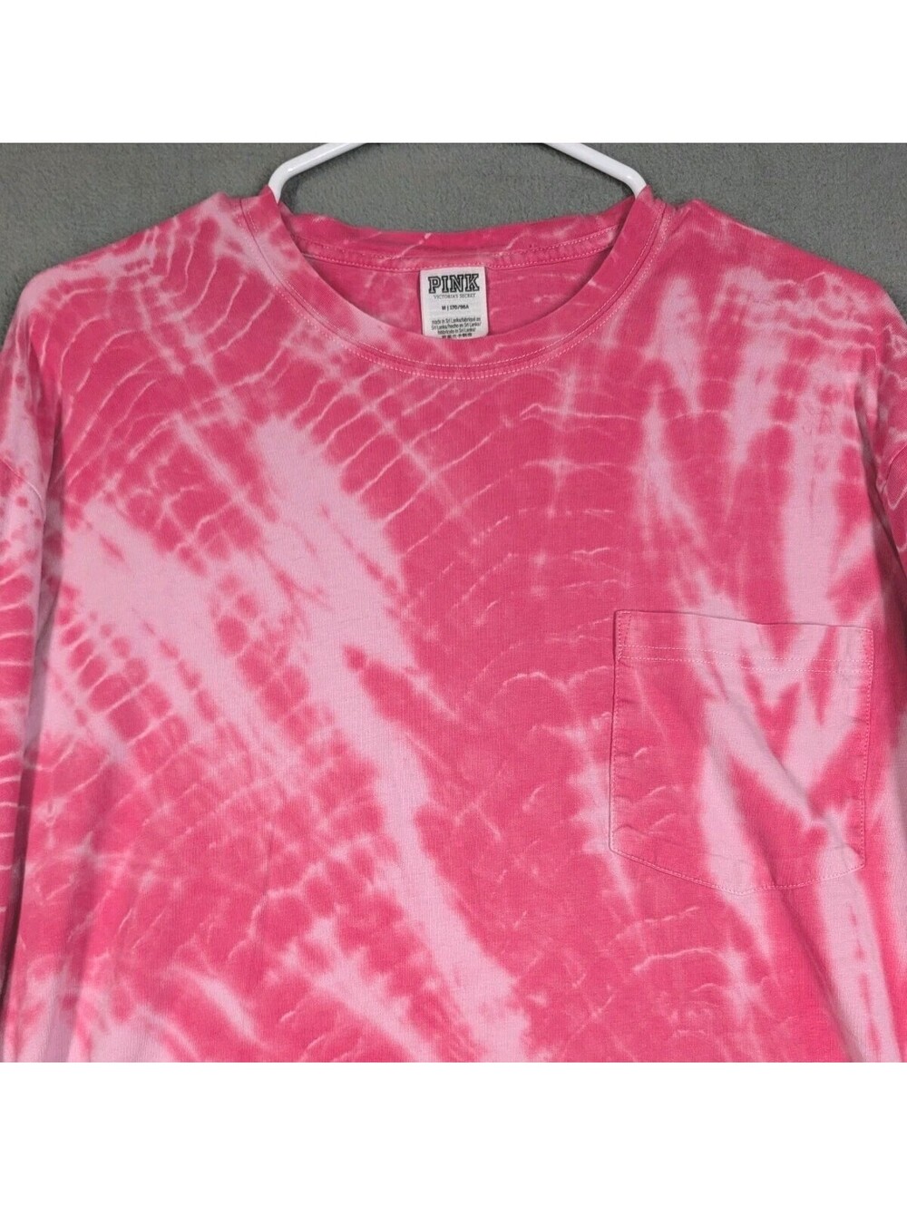 PINK Victorias Secret Womens M Pink Tie Dye Long Sleeve Pocket Tee Shirt Casual